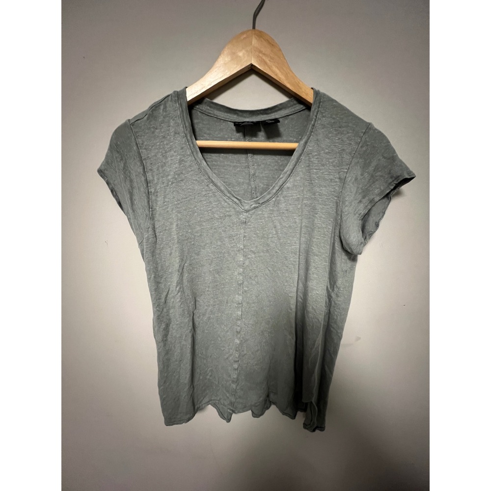 Tahari V-Neck Top Women L Green Pre-owned 100% Linen Slub Knit Tee